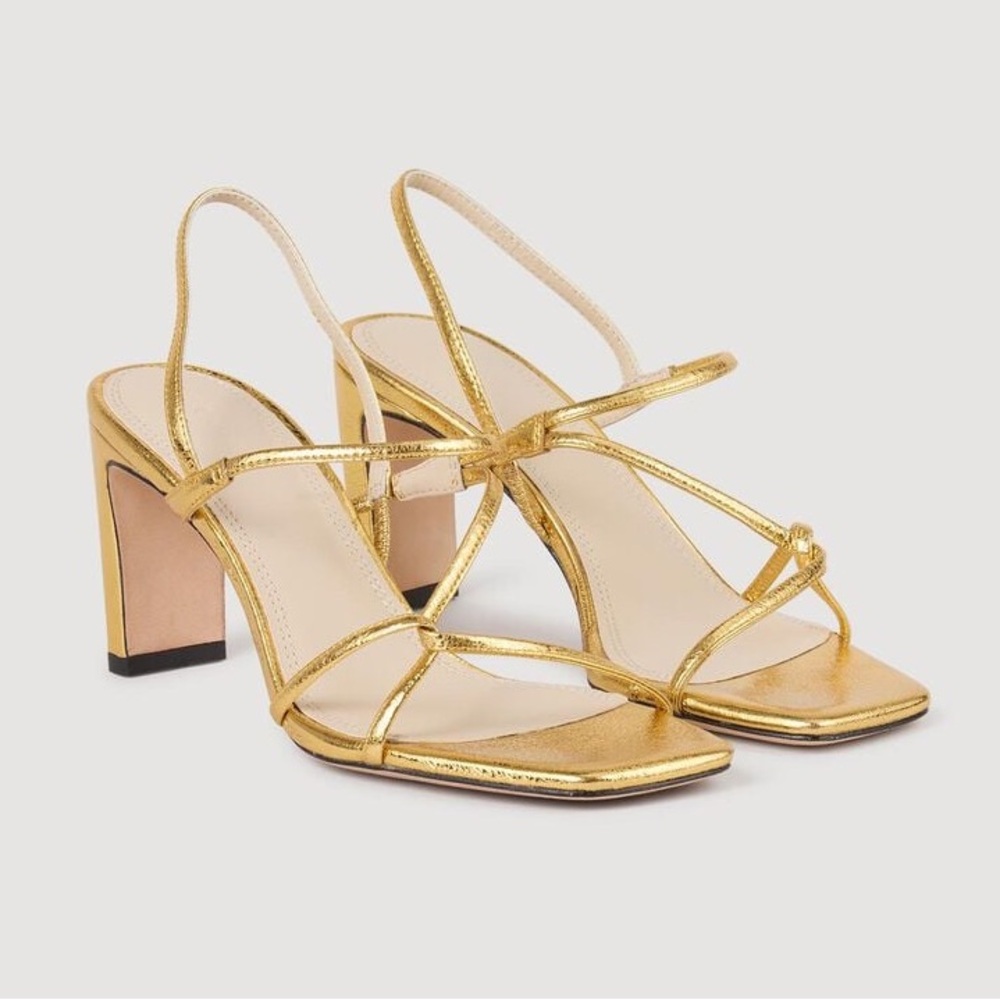 Sandro Gold Metallic Strappy Block Heel Sandals